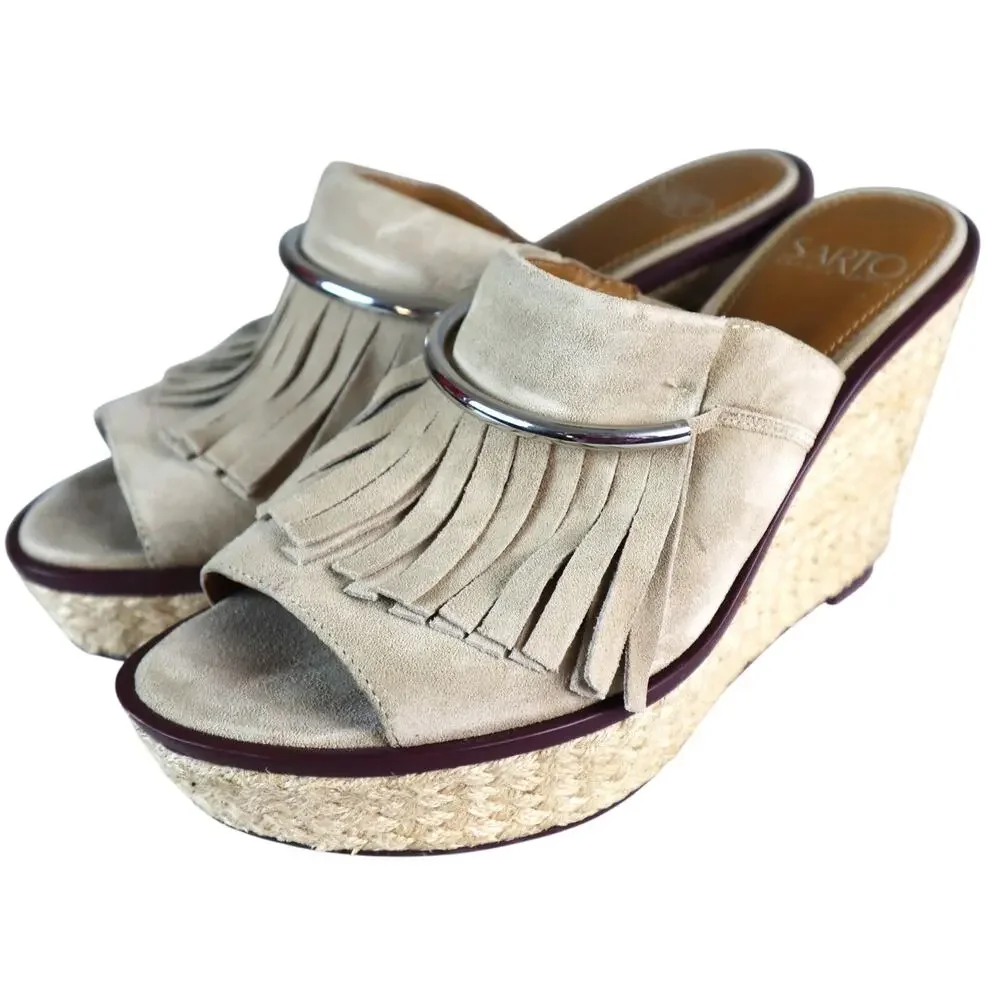 Franco Sarto Tan Suede Fringe Silver Wedge Espadrille Platform Candace Sandal 9M